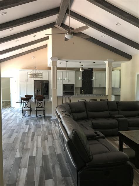 high ceilings with exposed beams.